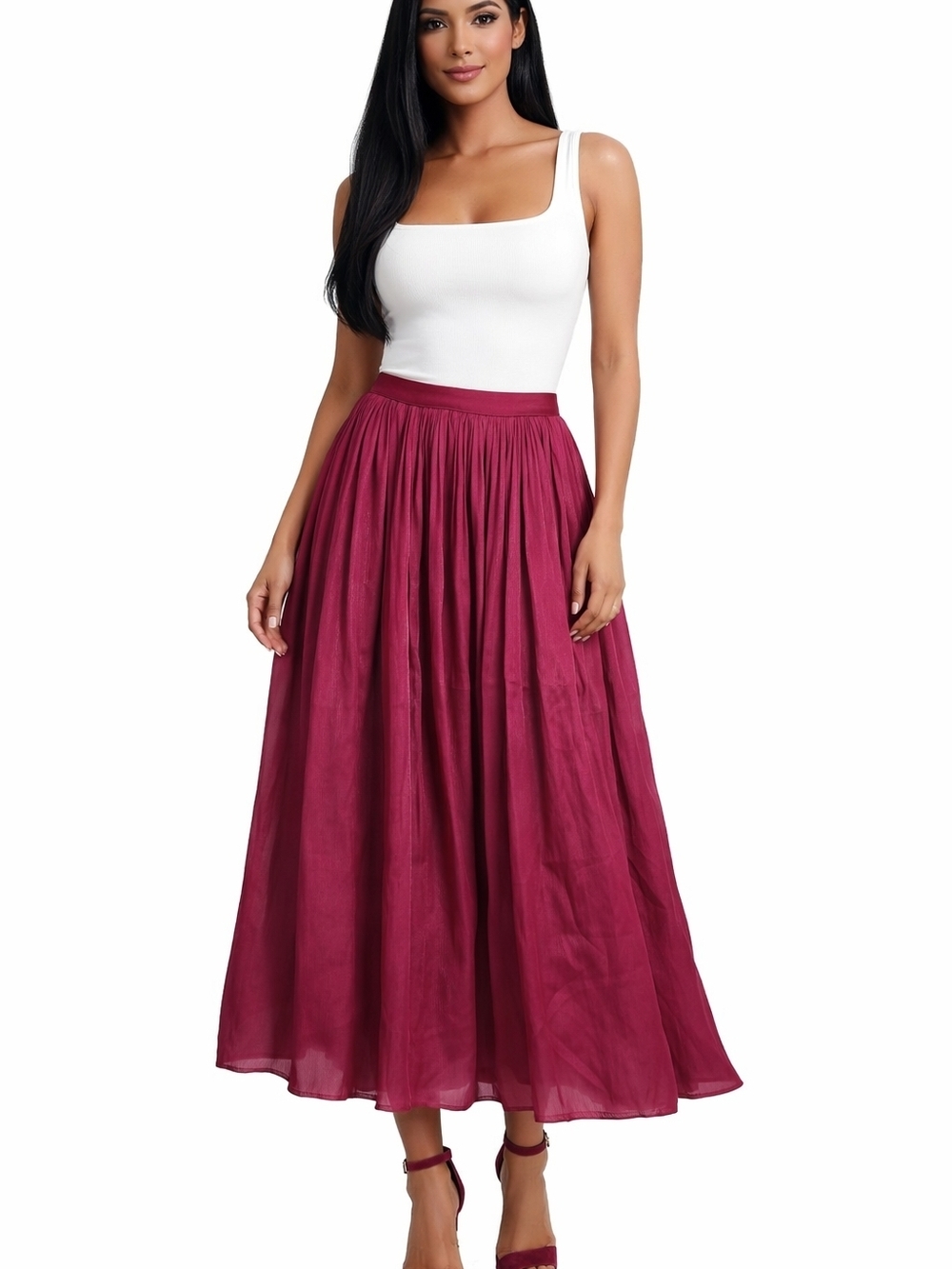 Women's Maxi Skirt in Burgundy - Classic Flowing A-Line